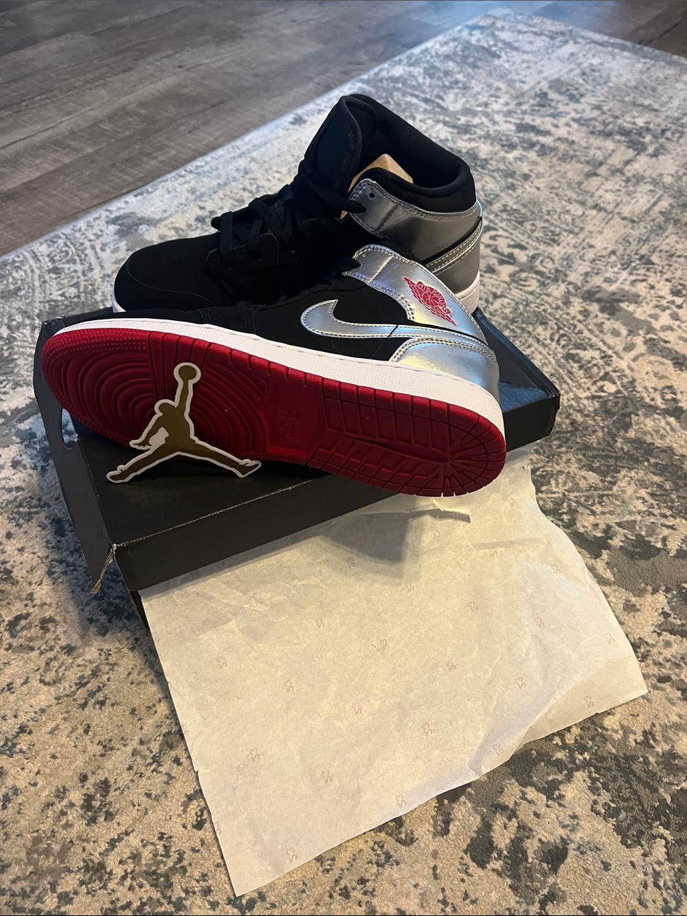 Jordan High-Top Sneakers in Black, Silver & Red